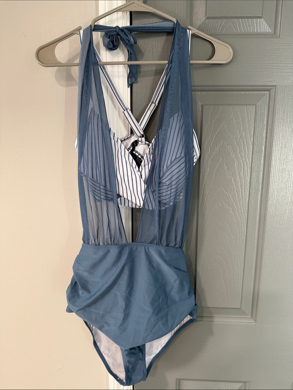 Blue Mesh One-Piece Swimsuit with Striped Underlayer (the top is desperate)